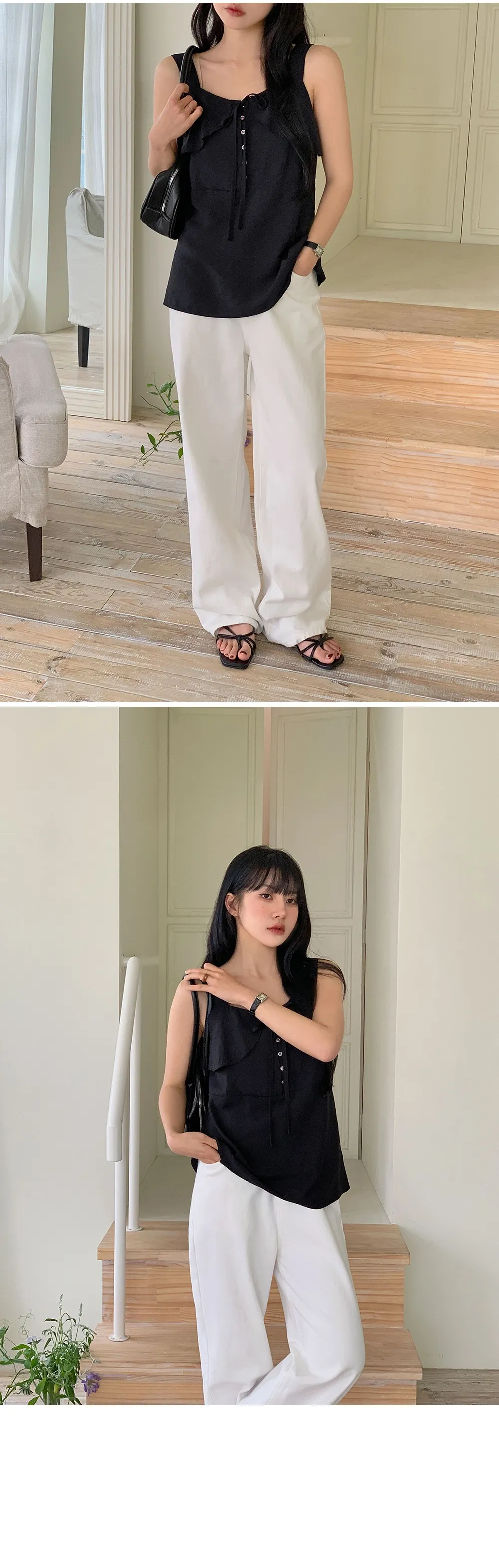 모뜨 프릴 리본 슬리브리스 블라우스