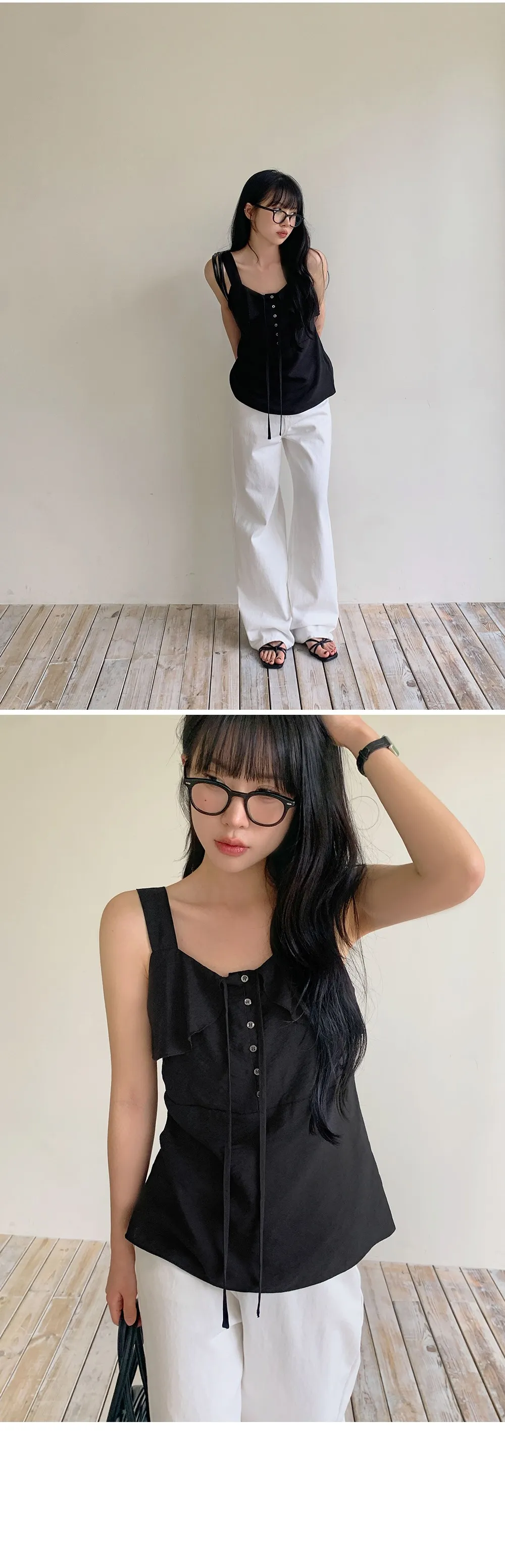 모뜨 프릴 리본 슬리브리스 블라우스