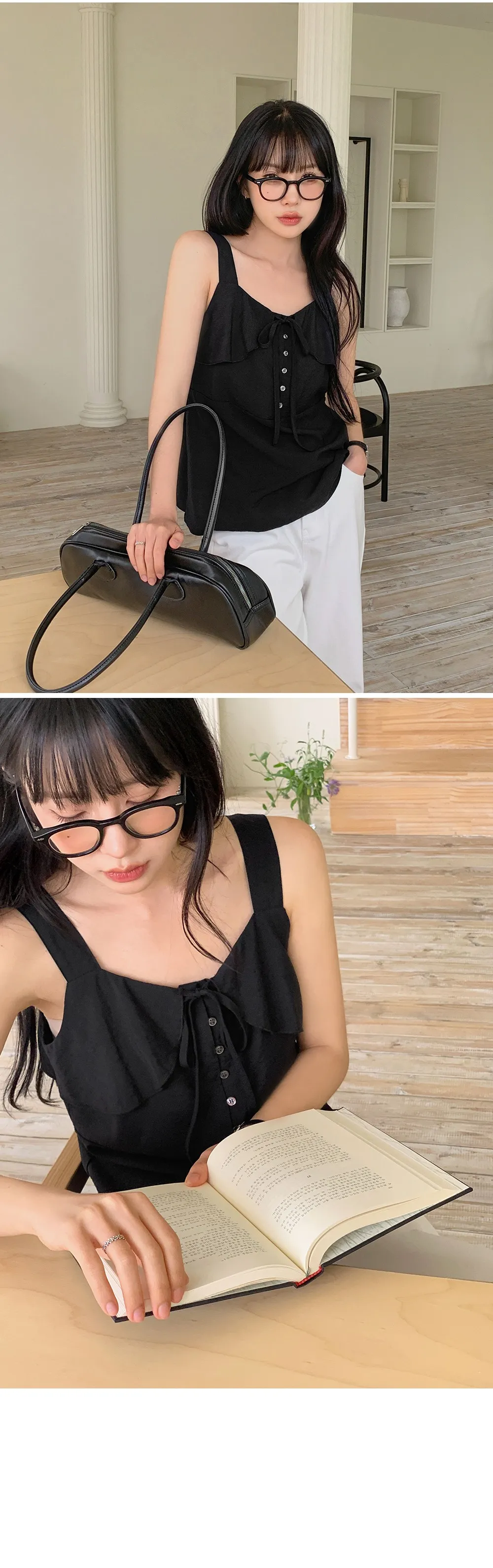 모뜨 프릴 리본 슬리브리스 블라우스