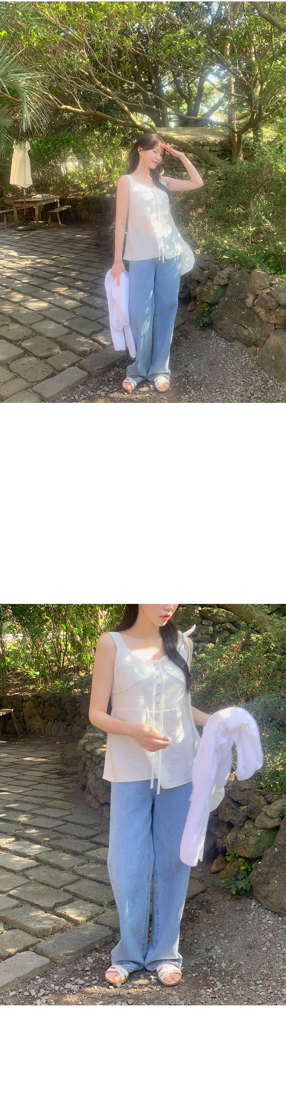 모뜨 프릴 리본 슬리브리스 블라우스