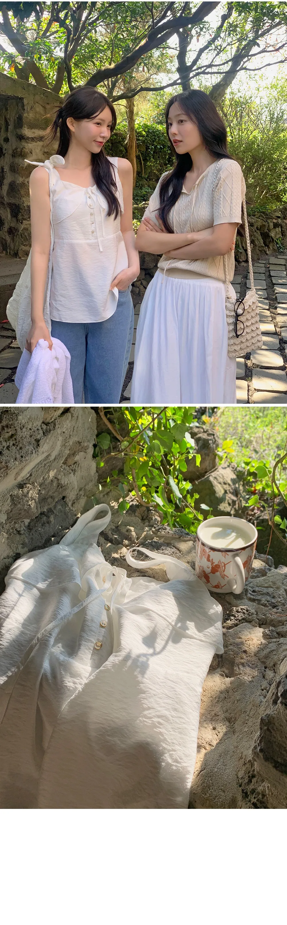 모뜨 프릴 리본 슬리브리스 블라우스