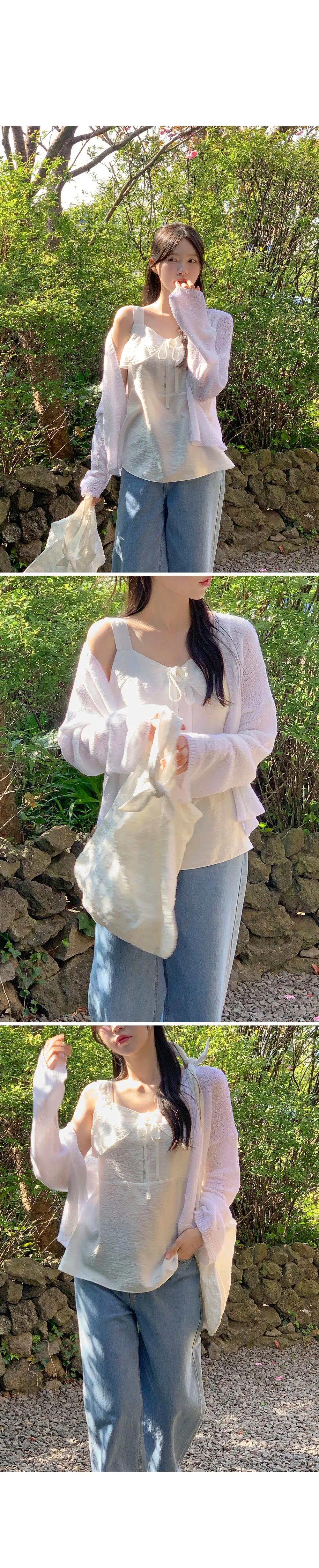 모뜨 프릴 리본 슬리브리스 블라우스